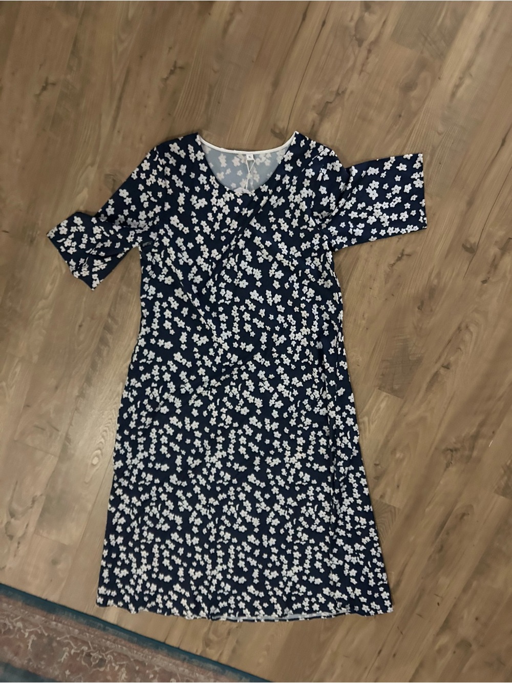 Navy Floral Midi Dress with White Flower Print